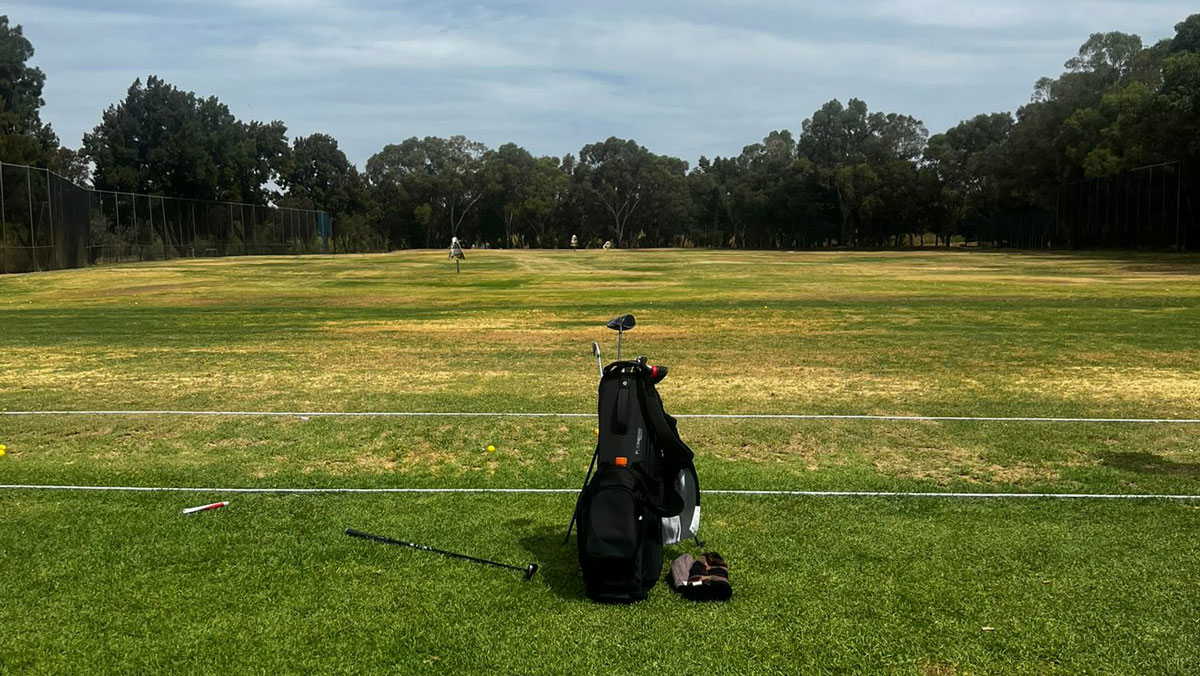 golf bag on an empty driving range